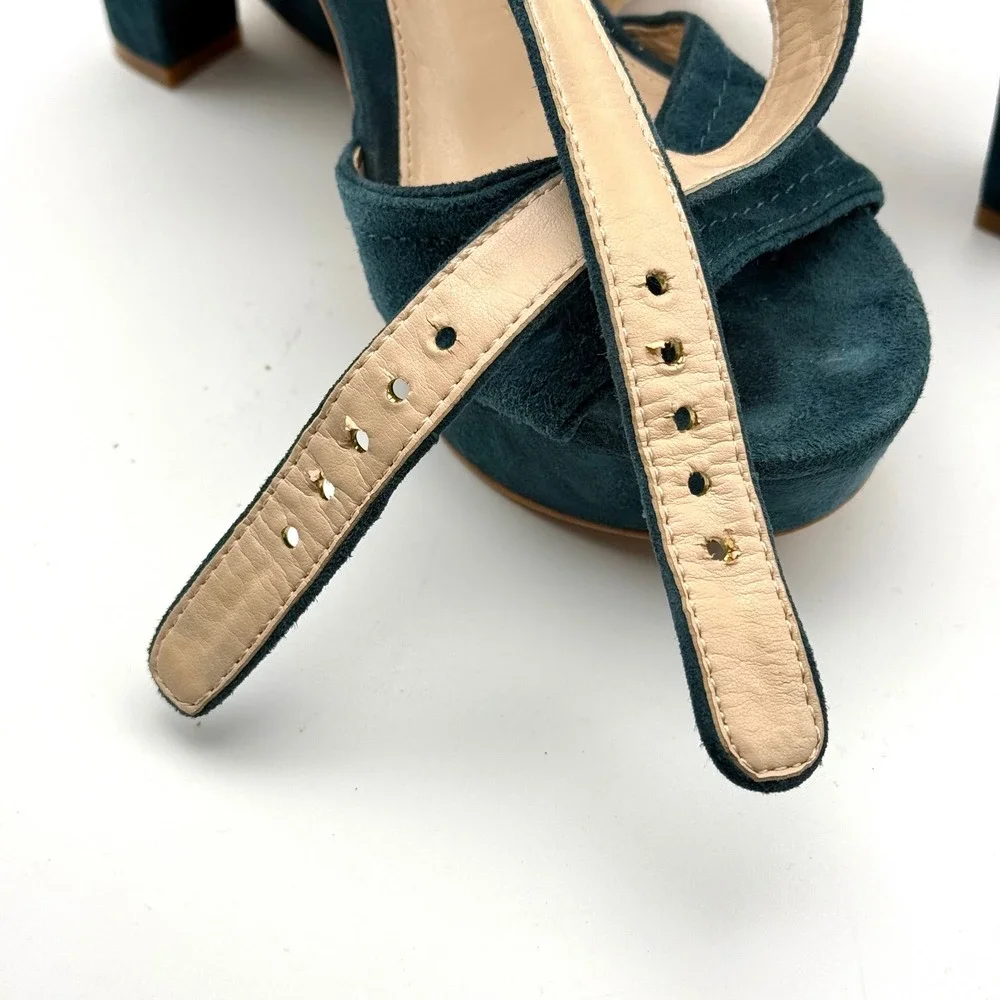Vince Camuto Shayla Teal Blue Suede Platform Block Heel Sandals Womens 7.5 M